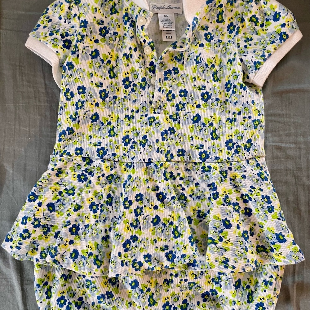 Ralph Lauren White Polo Dress with Blue & Green Floral Print